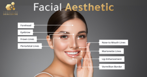 Facial Aesthetics treatment areas diagram highlighting forehead, frown lines, periorbital lines, lips and marionette lines.