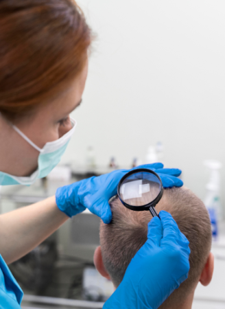 A medical professional uses a magnifying glass to conduct a scalp analysis on a patient during a consultation for PRF hair restoration.