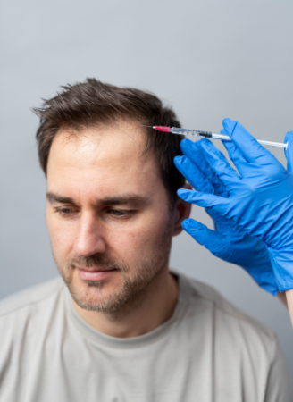 A man receiving a PRF hair restoration treatment, with a medical professional administering an injection into his scalp near the hairline.