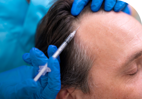 A close-up of a PRF hair treatment, where a clinician in blue gloves injects a patient's scalp with a small needle, illustrating the minimally invasive, non-surgical procedure.