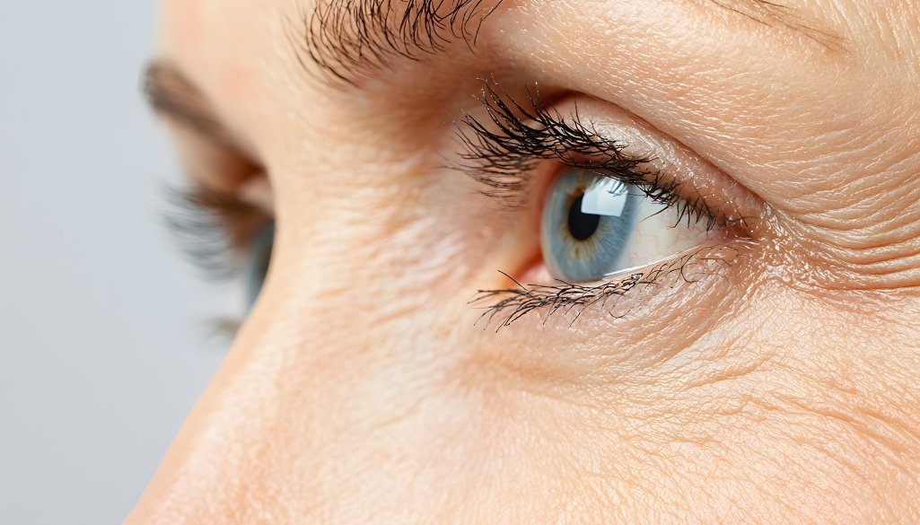 Close-up of the eye area showing fine lines, wrinkles, and texture changes associated with eye ageing signs.